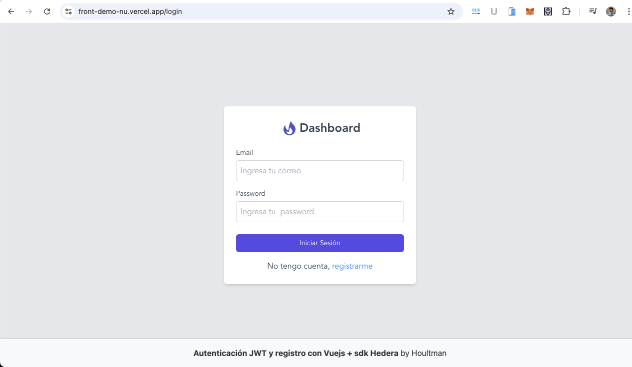 Login y Registro con Vuejs + Api con Autenticación  + JWT + Mysql + Sdk Hedera 